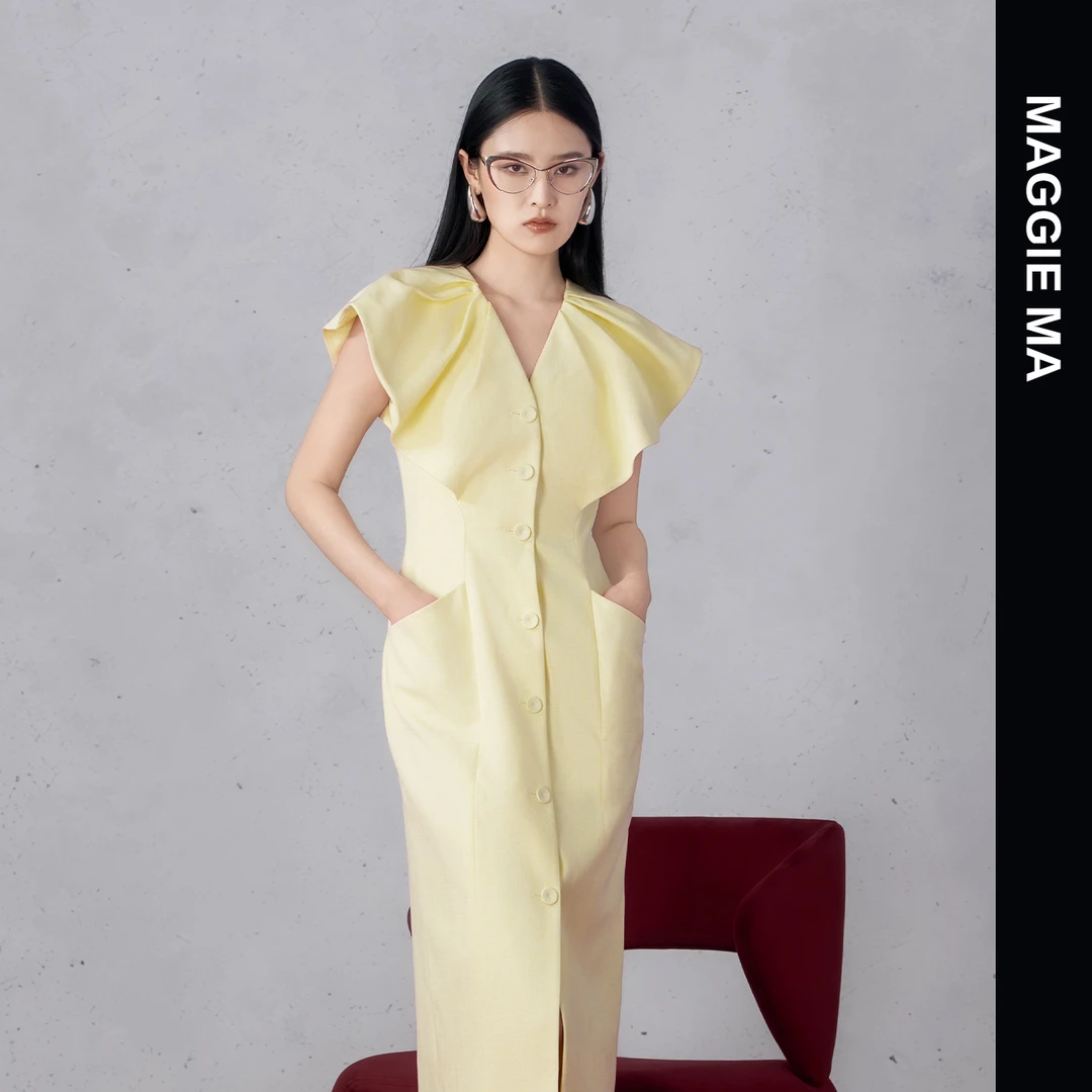 MAGGIE MA马婧设计师款时尚气质休闲修身黄色荷叶边连衣裙349D