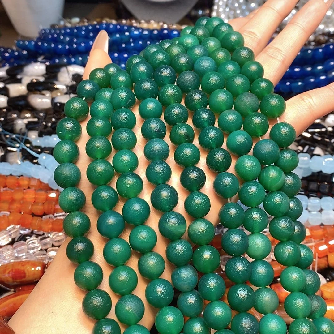 玛瑙/玉髓未镶嵌珠宝半成品12mm橘皮绿玛瑙一条