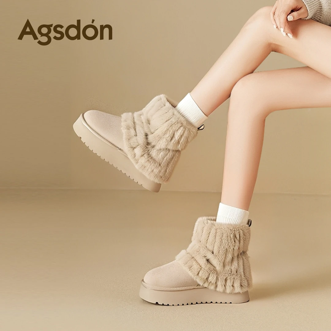 奥古狮登毛毛雪地靴女2025冬季新款加绒加厚短靴子筒厚底东北棉鞋
