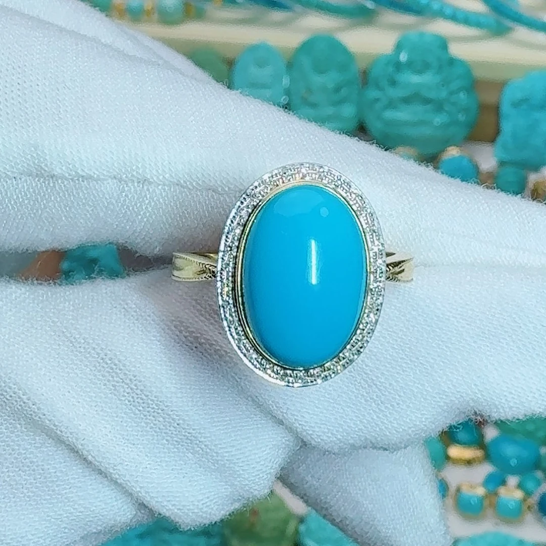 绿松石18K金镶嵌珠宝奇石饱满高瓷蓝钻镶戒指