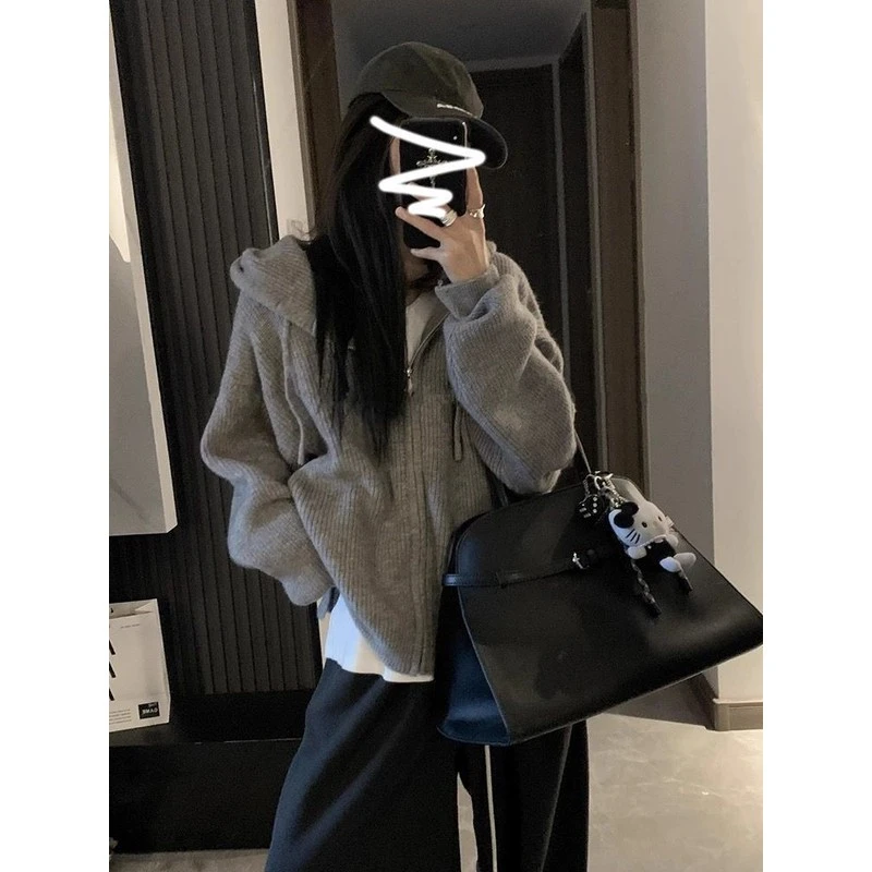 韩系连帽拉链毛衣女秋冬2025新款内搭慵懒高级感针织开衫卫衣外套