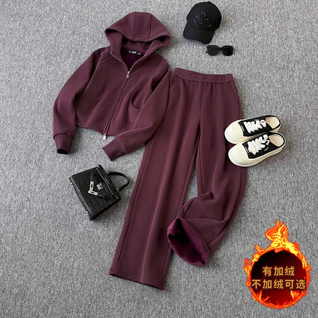 韩系气质休闲运动套装女秋冬新款拉链开衫连帽卫衣直筒长裤两件套