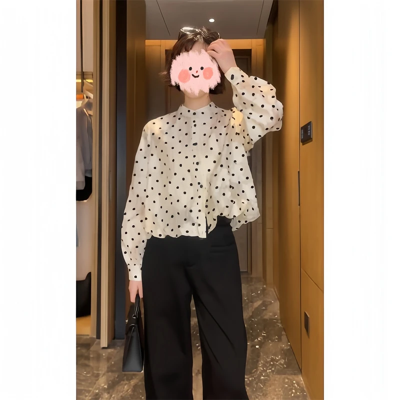 法式复古气质波点立领衬衫女春季2025新款时尚百搭宽松长袖衬衣女