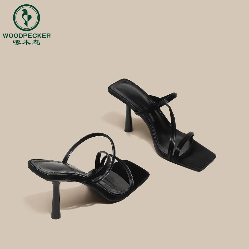 啄木鸟名媛风性感黑色高跟凉鞋女2025方头细跟高跟凉拖鞋女夏外穿