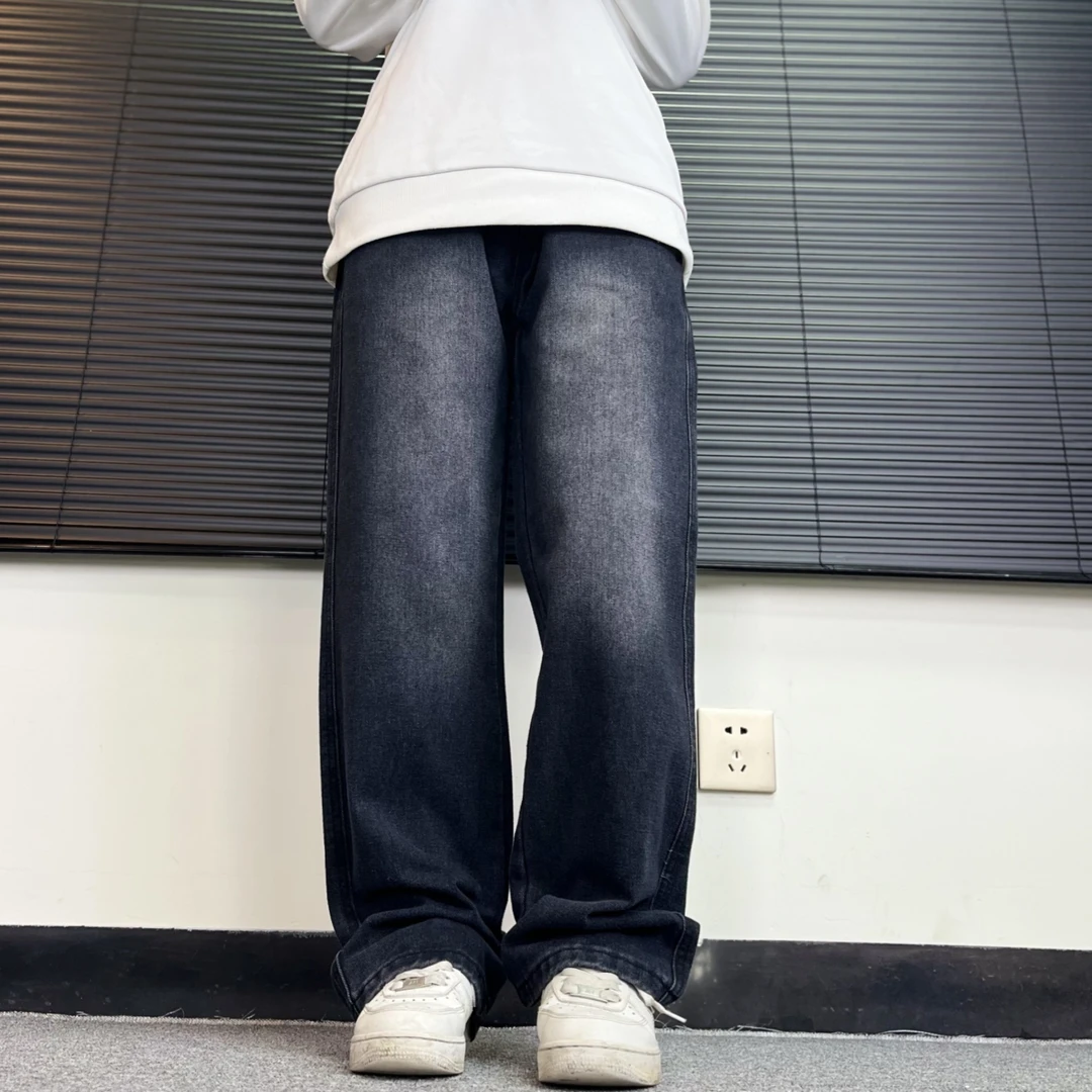 （黑灰）春秋新款百搭宽松直筒抽绳休闲牛仔裤