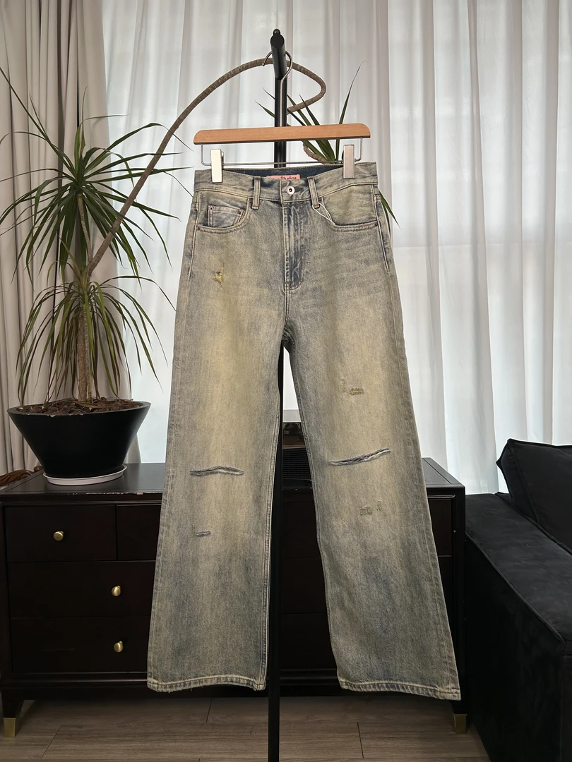 【十九服饰】潮流高街复古水洗破坏风牛仔裤女款