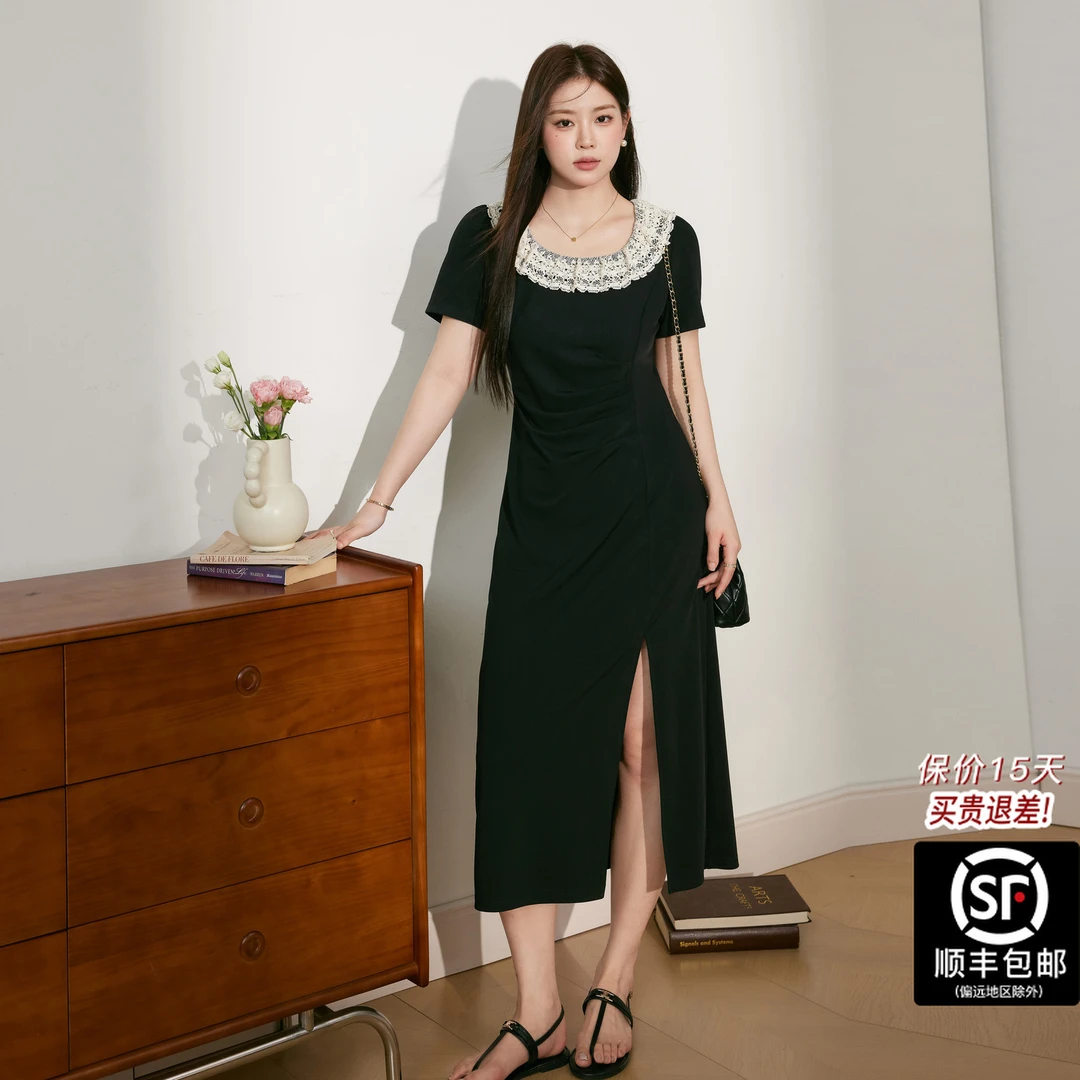 蓝语大码女装胖mm法式蕾丝荷叶边连衣裙2025夏季收腰显瘦小黑裙子