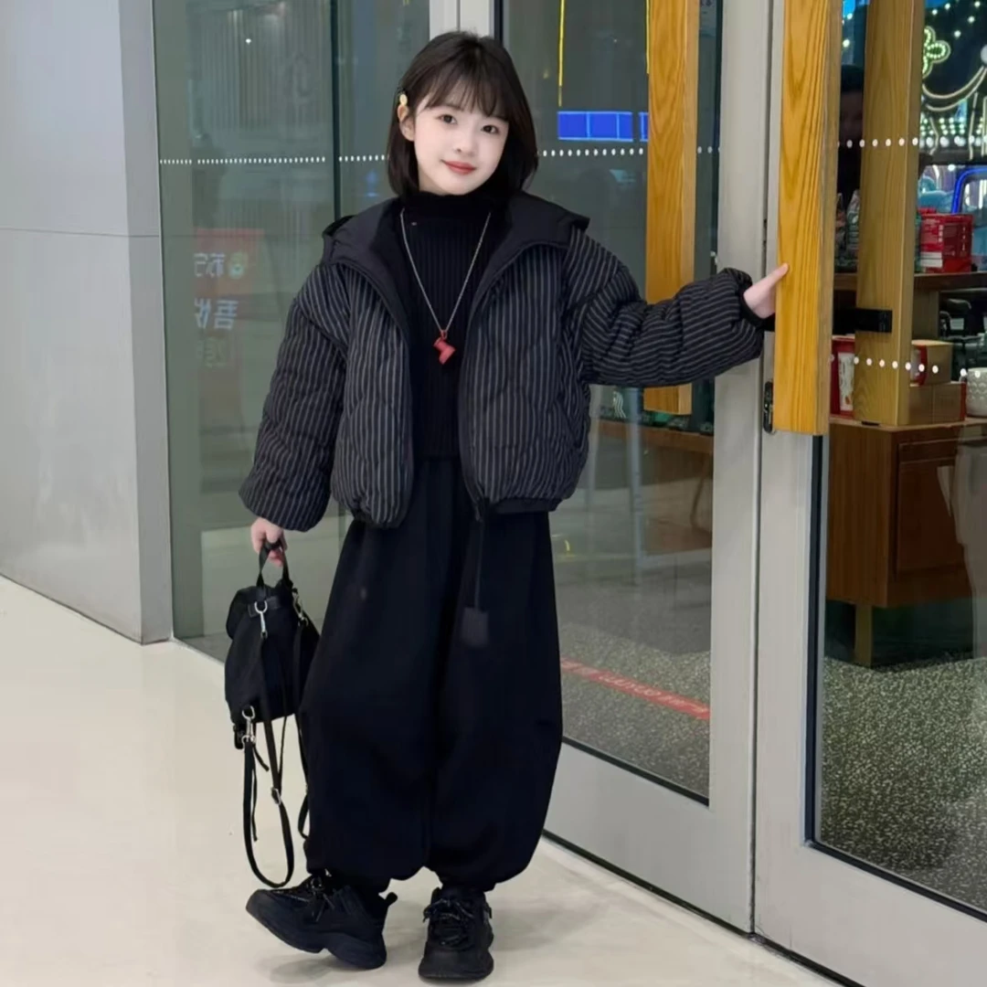 韩系男女童条纹花式航线连帽棉衣冬季面包服夹棉加绒灯笼裤保暖潮