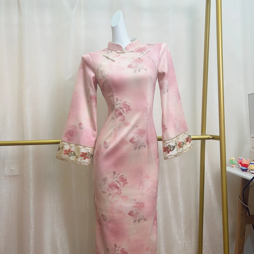 V-3290 粉画报 雪花绒 加绒加厚 秋冬年轻款改良旗袍120cm长款