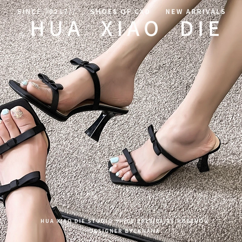 蝴蝶结凉鞋~2025夏季新款细跟百搭外穿法式仙女风一字带高跟凉鞋