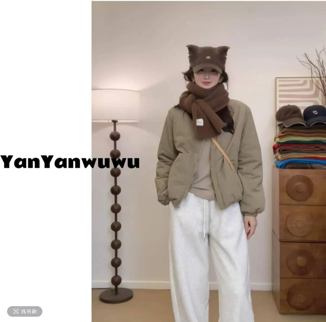 （现货）冬季短款常规宽松型保暖棉服秋冬纯色棉衣立领外套