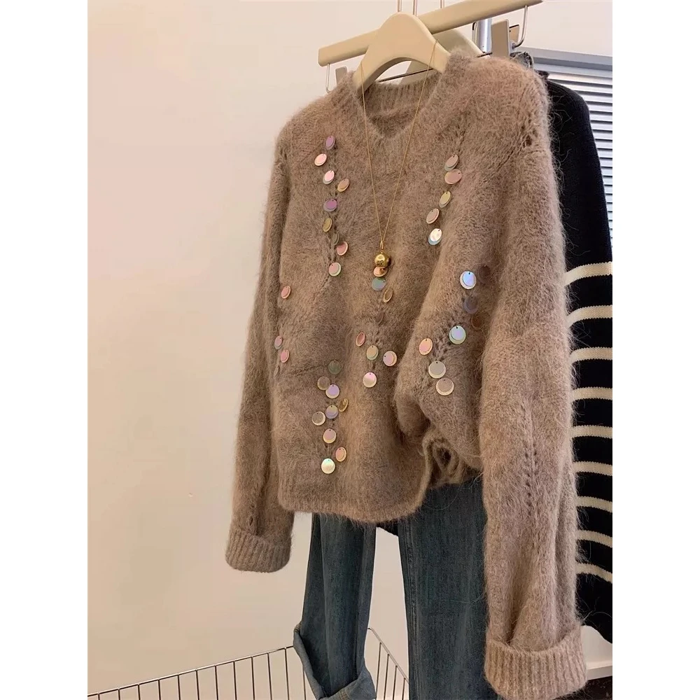 吼吼好看呐！重工亮片毛衣女秋冬季加厚慵懒风高级感小个子针织衫