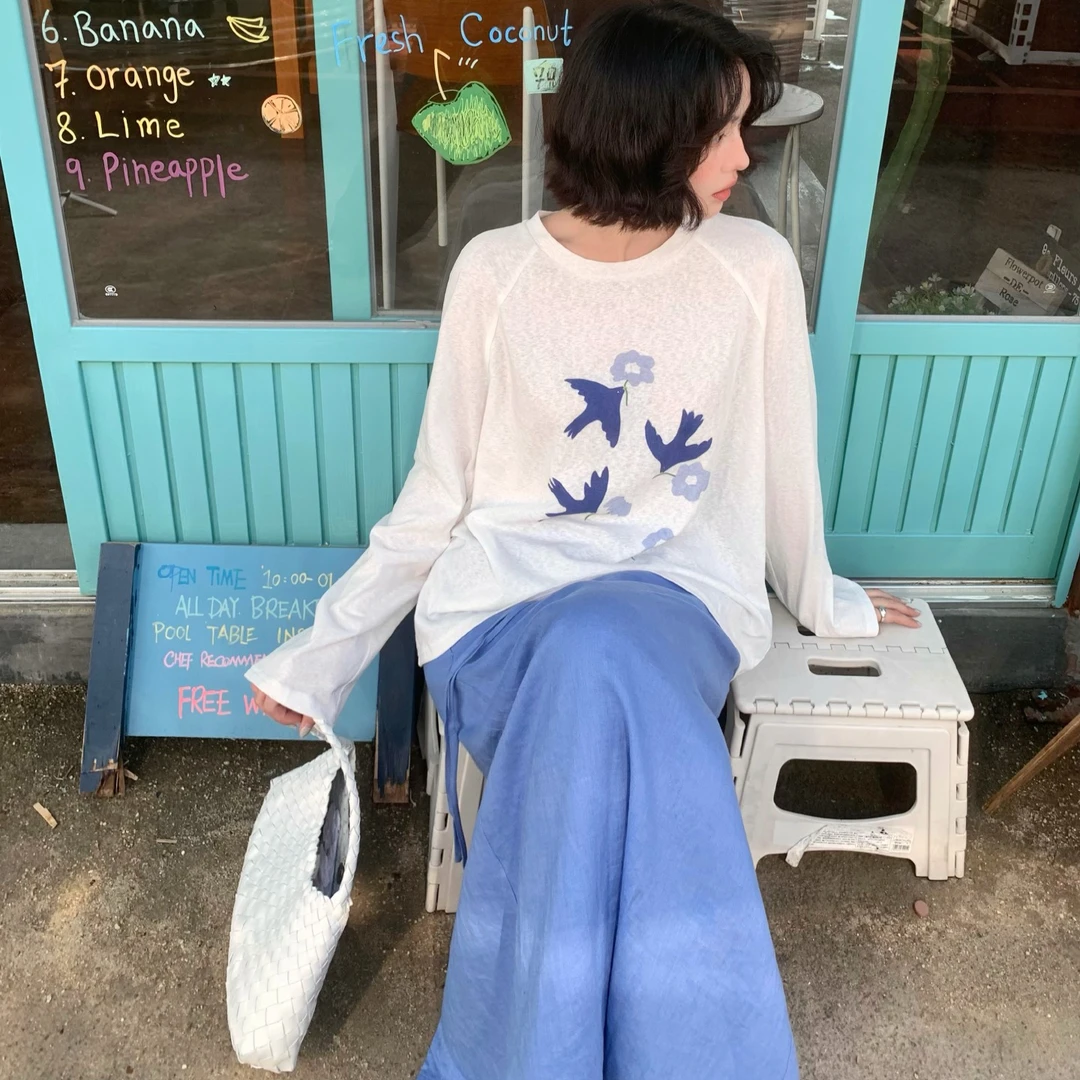 酒午自制 2025夏季新款【缬花鸟】薄款印花微透长袖t恤