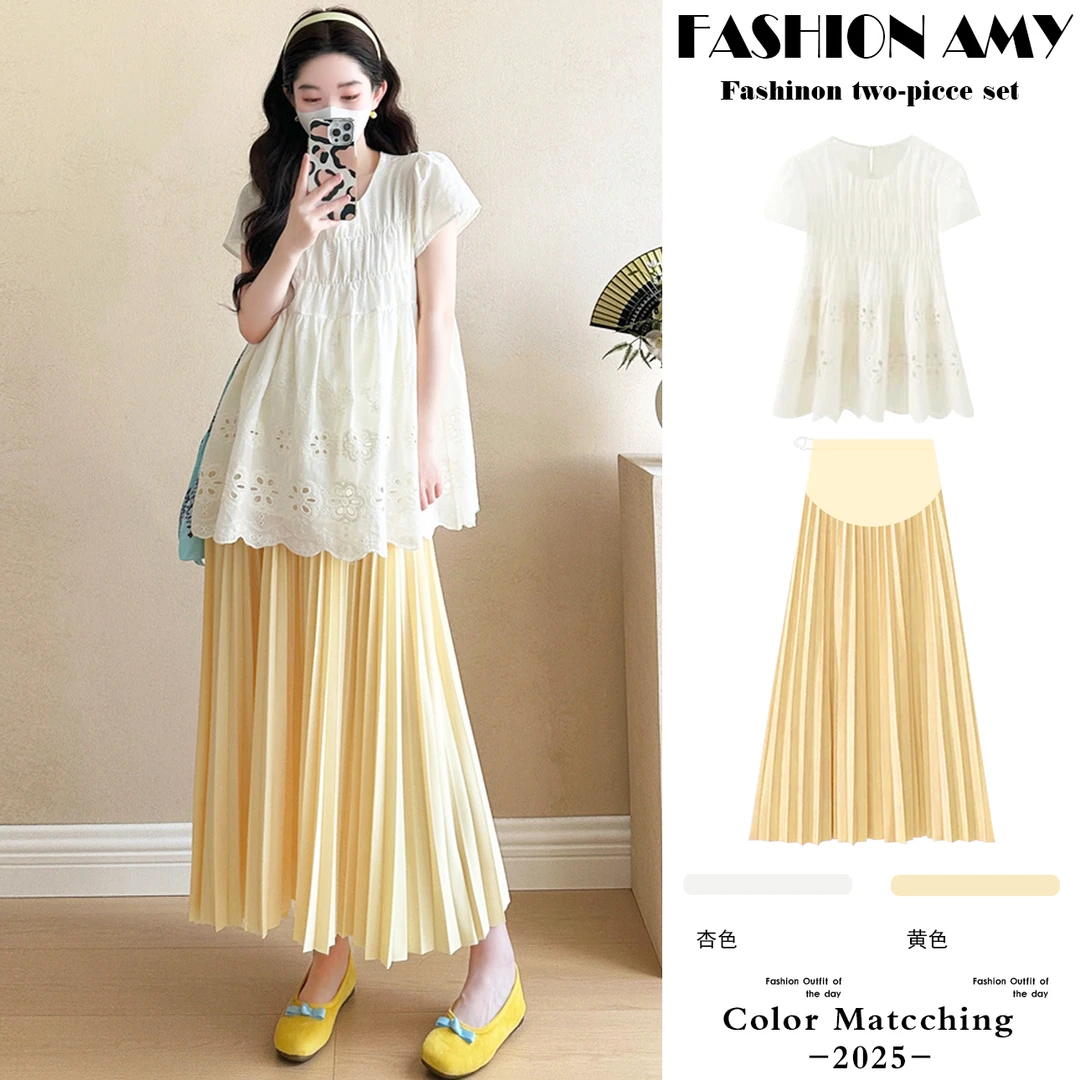 孕妇装夏装套装新款洋气时尚宽松小飞袖刺绣上衣显瘦百褶半身裙子