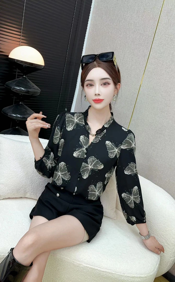 七分袖木耳边领2025新款高端轻奢印花小衫时尚洋气百搭女上衣1953