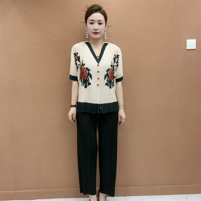 夏季短袖T恤时尚印花气质百搭显瘦女设计感三宅褶皱宽松休闲上衣