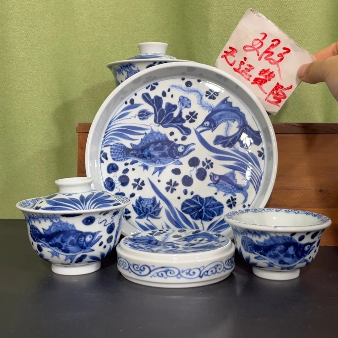 青花仿元鱼藻四件套