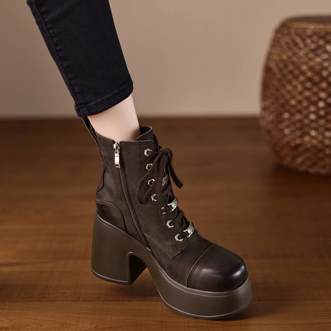 小个子手工女鞋10cm~松糕厚底马丁靴2025冬季新款英伦风高跟短靴