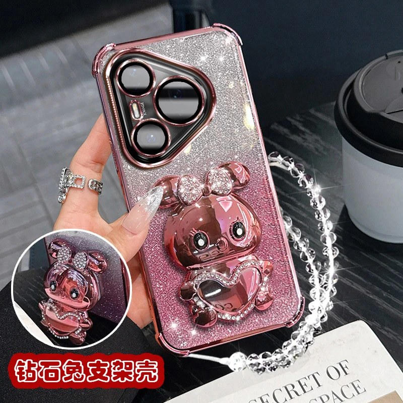 适用华为pura80Ultra手机壳电镀全包砖石兔女款防摔网红闪粉壳