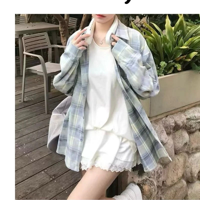 【蓝绿格子衬衫】Y春款韩系翻领格子衬衫宽松百搭长袖衫四季外穿