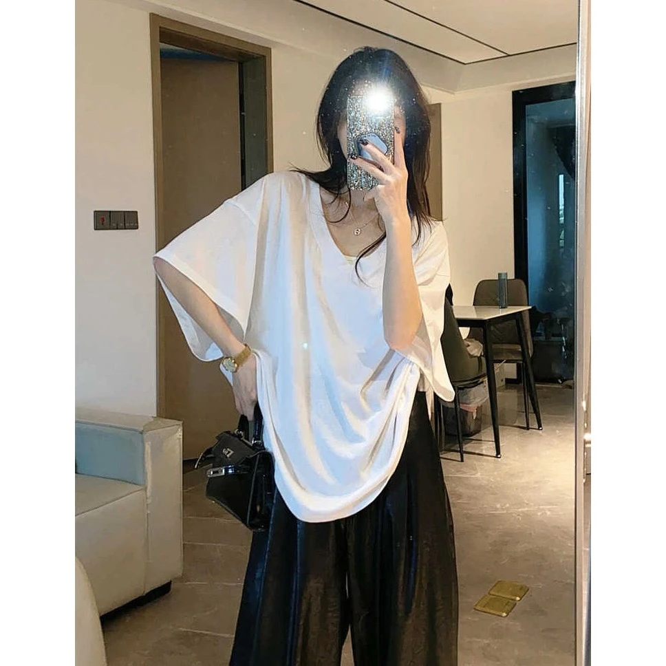 松弛感慵懒风宽松大V领口纯色基础款短袖T恤上衣女夏季百搭显瘦