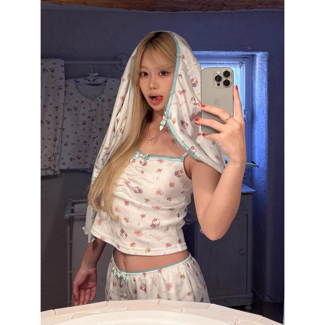 甜美爱心碎花凯蒂猫花边睡衣女2025新款夏季大码舒适家居服三件套