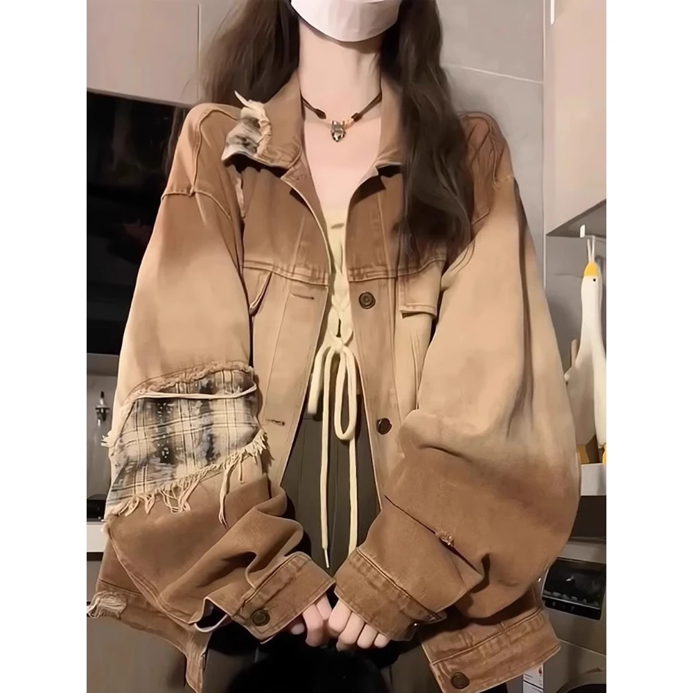 美式高街破洞贴布牛仔外套女潮牌春秋宽松慵懒风休闲工装夹克上衣