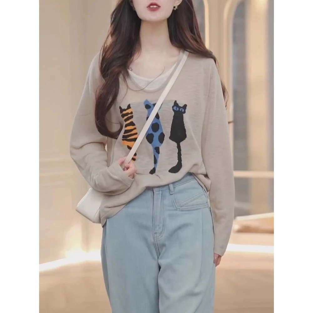 奶茶色印花假两件针织衫女秋撞色长袖2025新款宽松休闲上衣G4-27