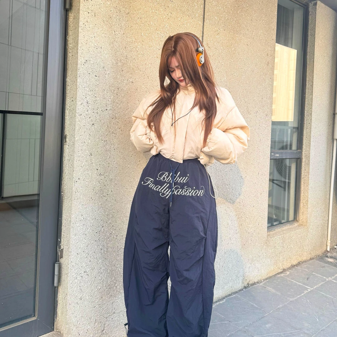 加棉加厚韩版时尚加厚保暖棉服女美式新款弯刀裤两件套