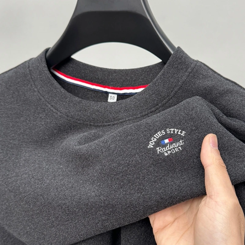 CATIA SELI秋冬季德绒打底衫男士圆领保暖卫衣刺绣磨毛双面绒长袖