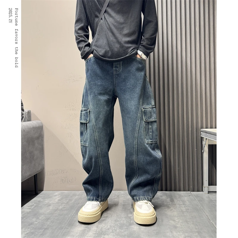 2025美式潮流秋冬长裤男痞帅设计感工装裤加绒加厚弯刀阔腿牛仔裤