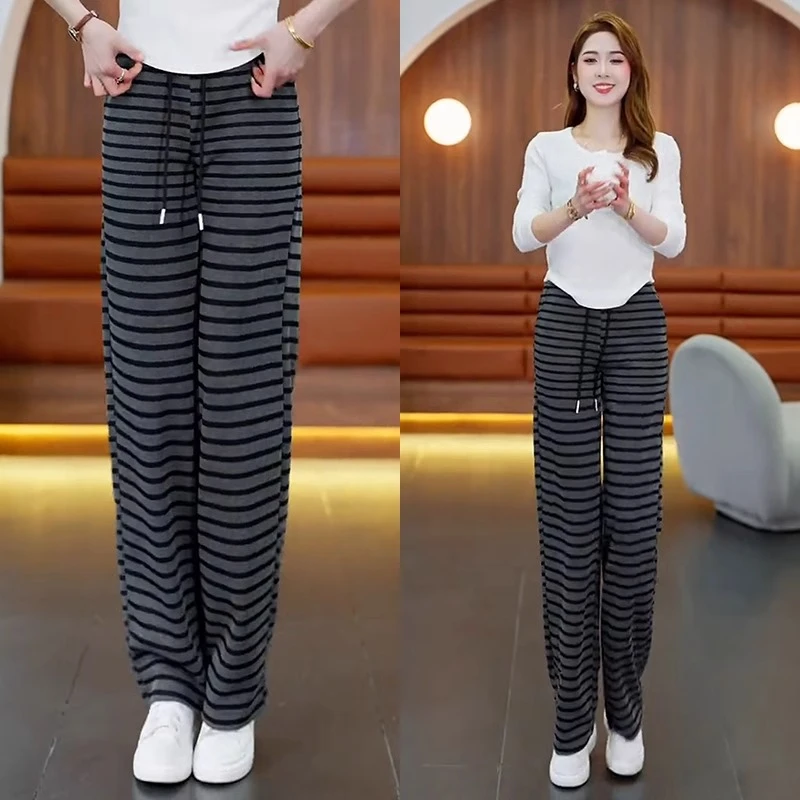 今年流行的条纹裤子女春季休闲裤2025新款宽松直筒裤高腰阔腿长裤