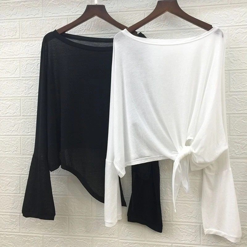 大码冰丝打结纯色大码防晒衣夏季开叉不规则长袖T恤宽松透视上衣