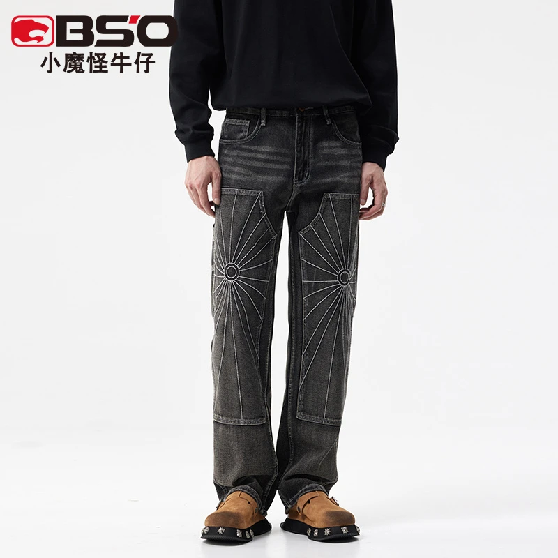 小魔怪2025春季新款宽松直筒牛仔裤男美式复古潮牌个性男士长裤子