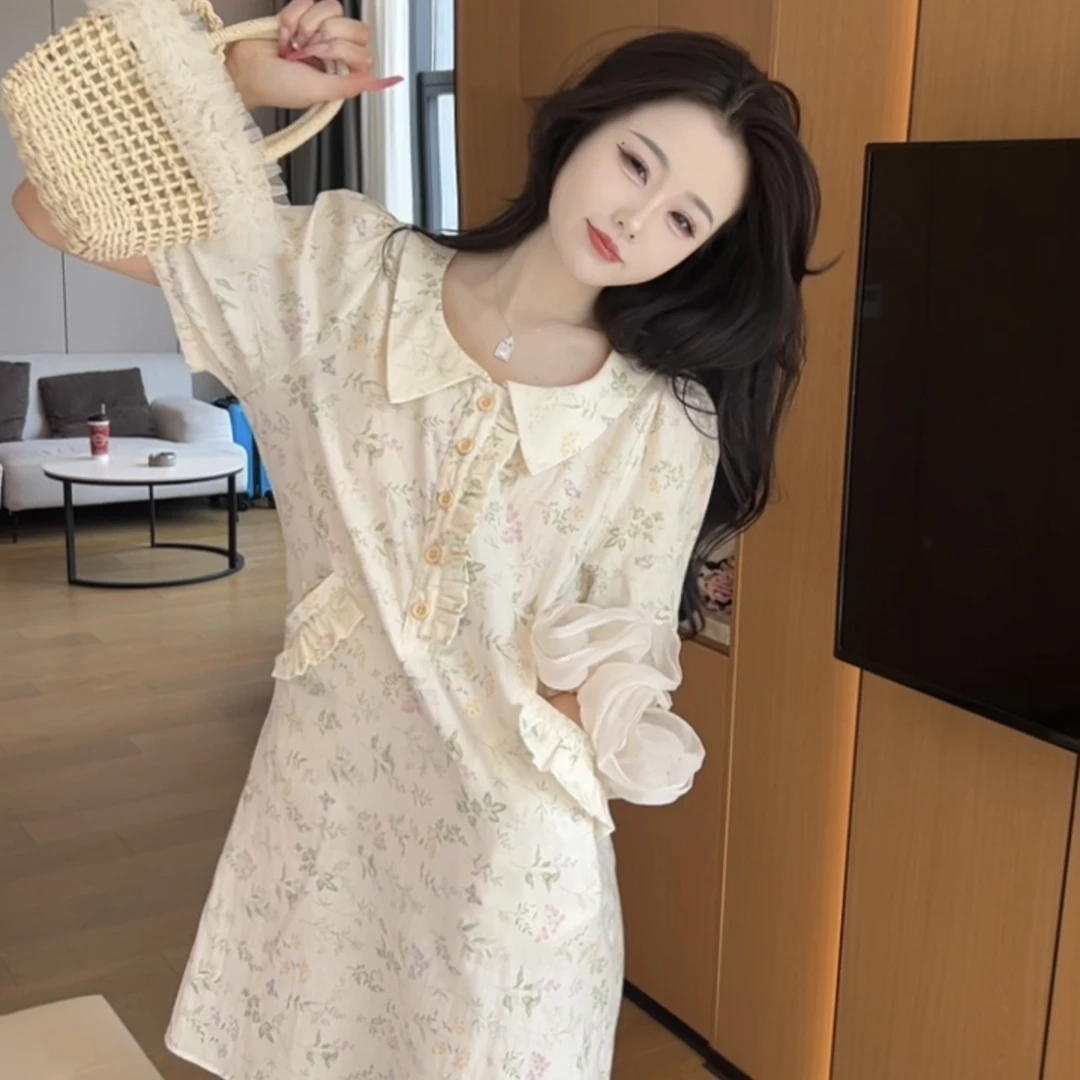 （绿叶）夏季清新可爱休闲可爱短袖睡裙女纯棉中长款有口袋可外穿