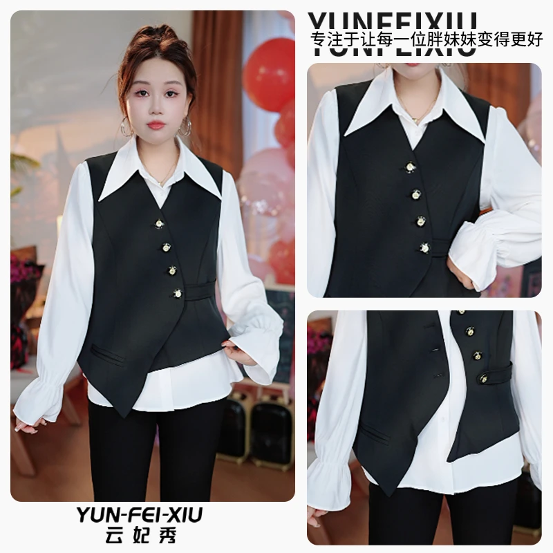 云妃秀大码女装马甲V领黑金不对称时尚宽松显瘦遮肉胖妹妹秋9013