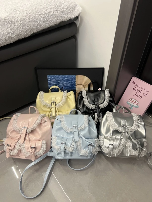 新款！蕾丝边简约百搭双肩包