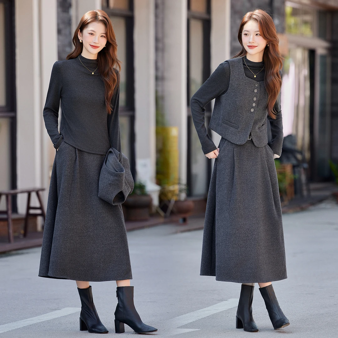 2025年秋季女时尚气质马甲针织打底衫温婉潮流修身半身裙三件套装