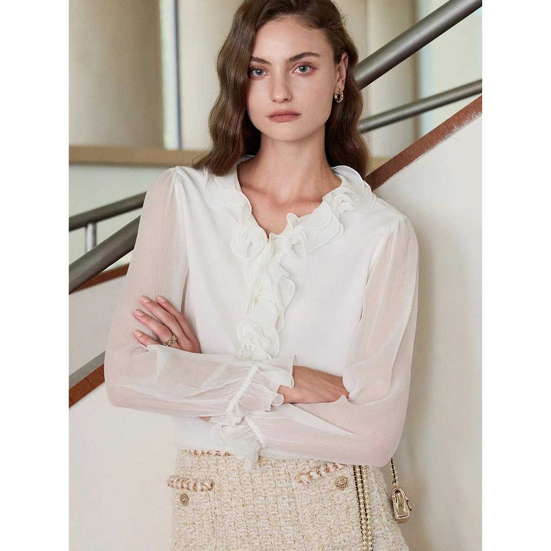 小岛微风“维多利亚衬衫”粗花呢cp 真丝卷边蚕丝系带衬衫SY082613