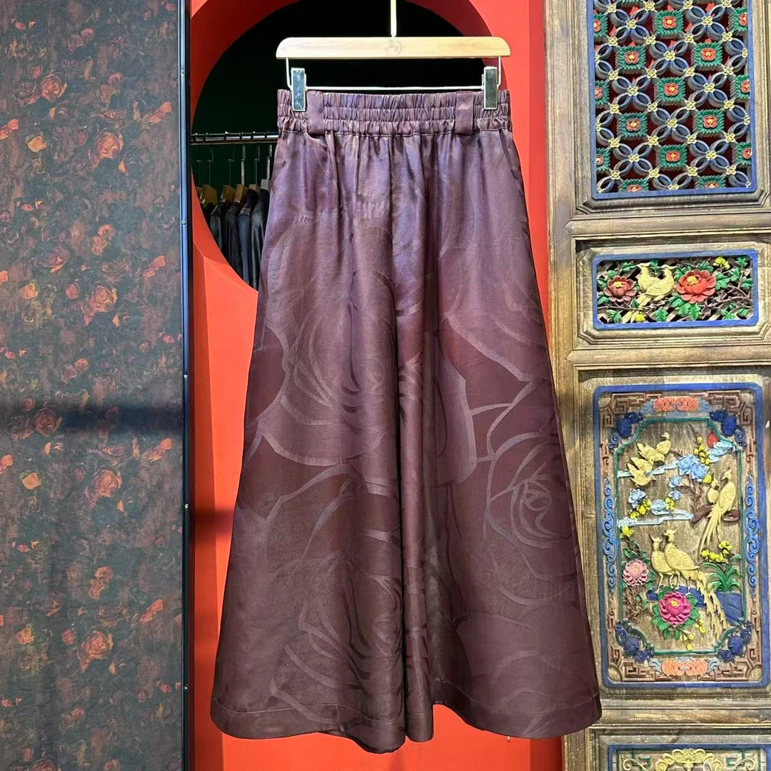 艾可原创 大阔腿裤 抽象玫瑰花 桑波缎提花红云纱 长100起