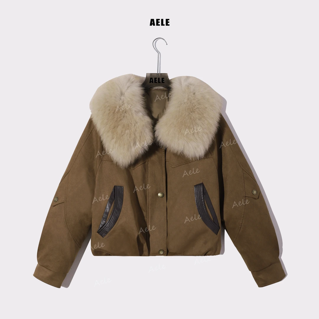 AELE狐狸毛领撞色口袋短款宽松羽绒服洋气保暖外套P855 3825 AD