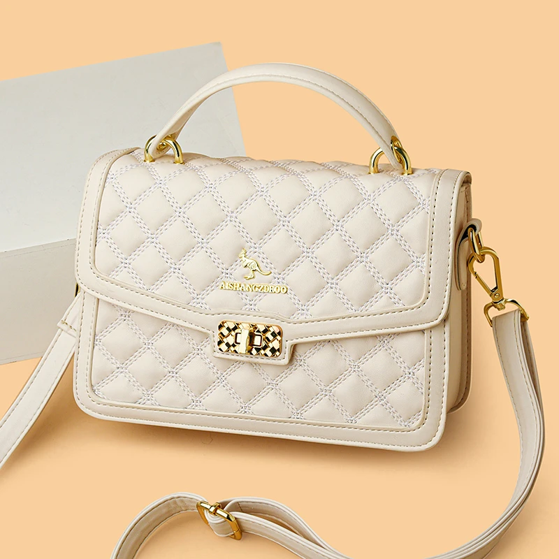 玫瑰袋鼠手提包女皮包大容量包包新款百搭妈妈斜挎包菱格通勤女包