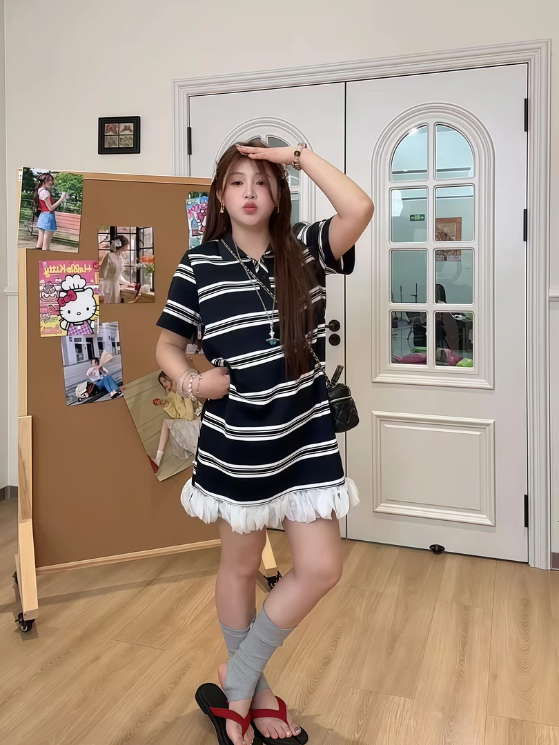 撞色翻领条纹连衣裙女2025夏季大码胖MM宽松休闲气质百搭拼接裙子