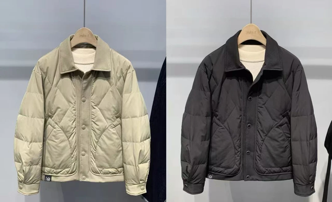 冬季新款国标90白鸭绒菱形状拼接假两件翻领夹克羽绒服1105