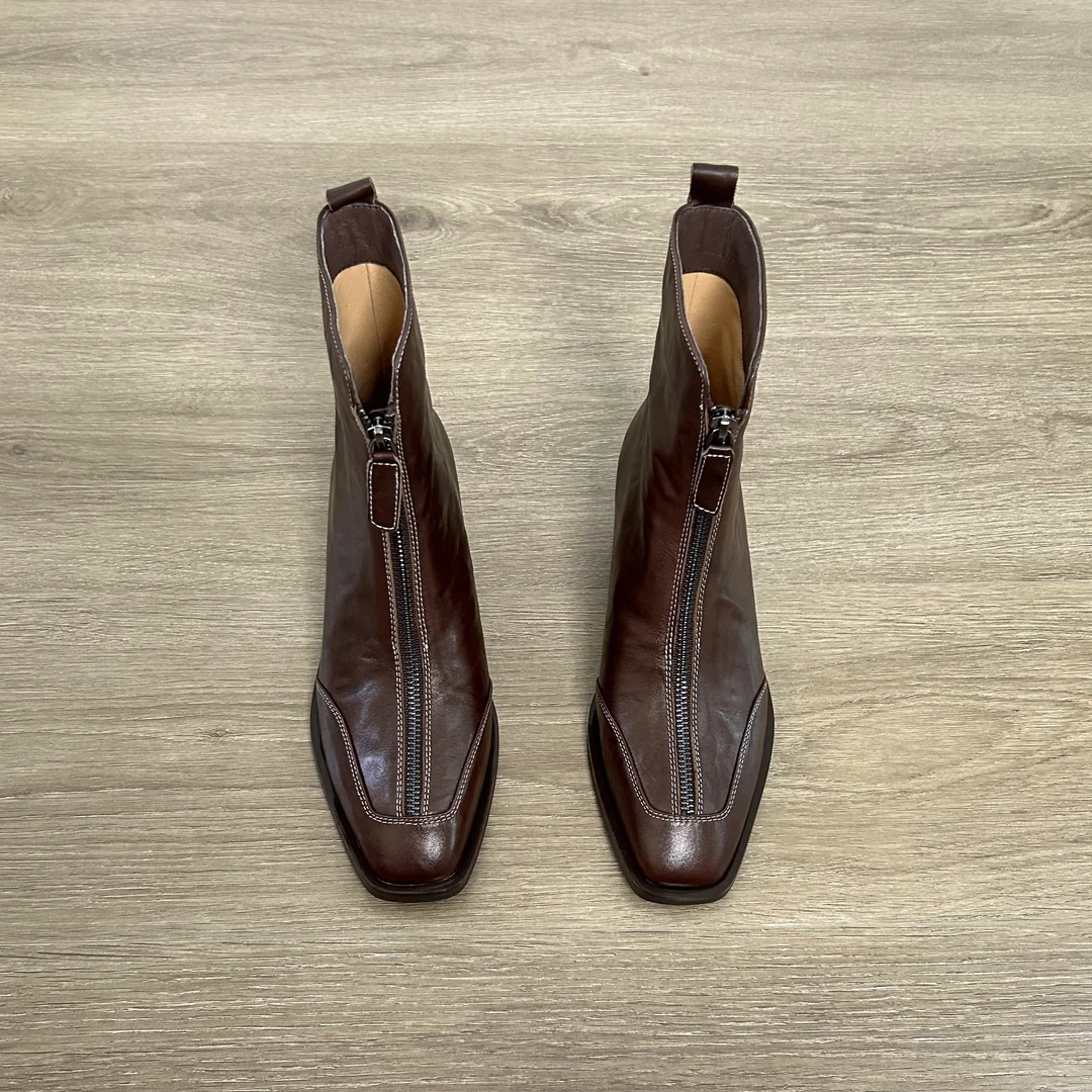 Dannyfrey欧美风方头粗跟百搭通勤女冬季前拉链显瘦时装短靴4.5CM