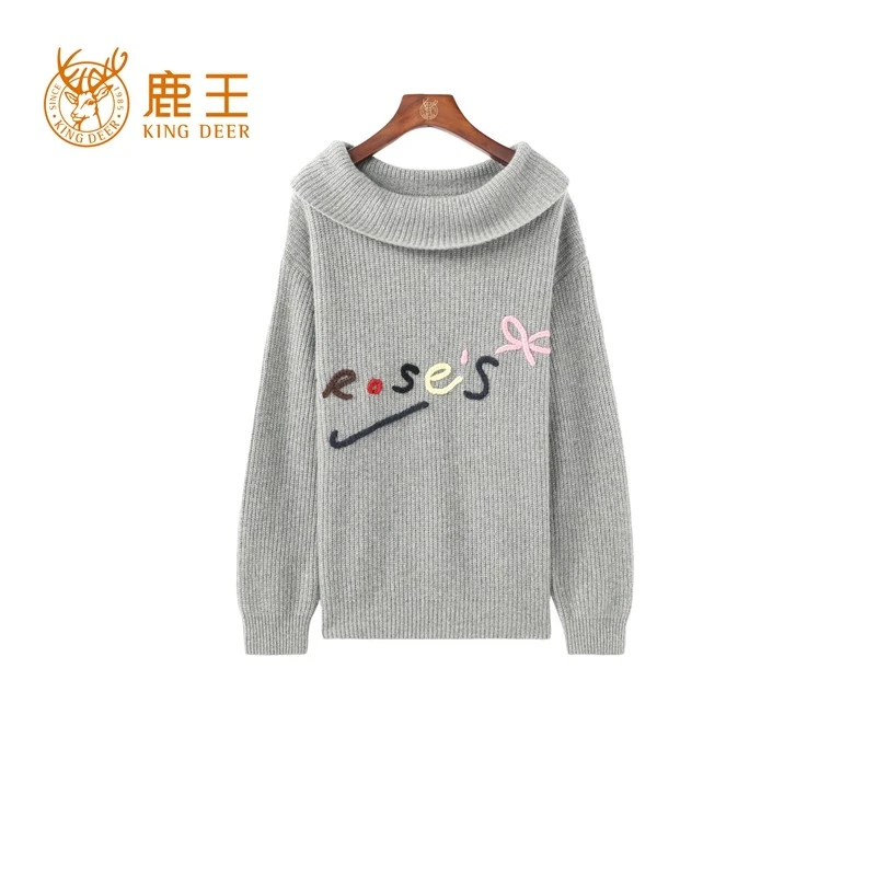 鹿王25秋冬新款女时尚翻领100山羊绒刺绣针织套衫 厚 20256037