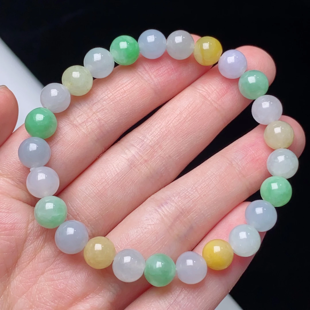 缅甸天然翡翠A货冰种多宝圆珠手链卡7.5mm糖果色彩色多色