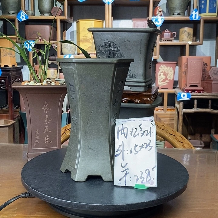 紫砂花盆天青泥六方精工