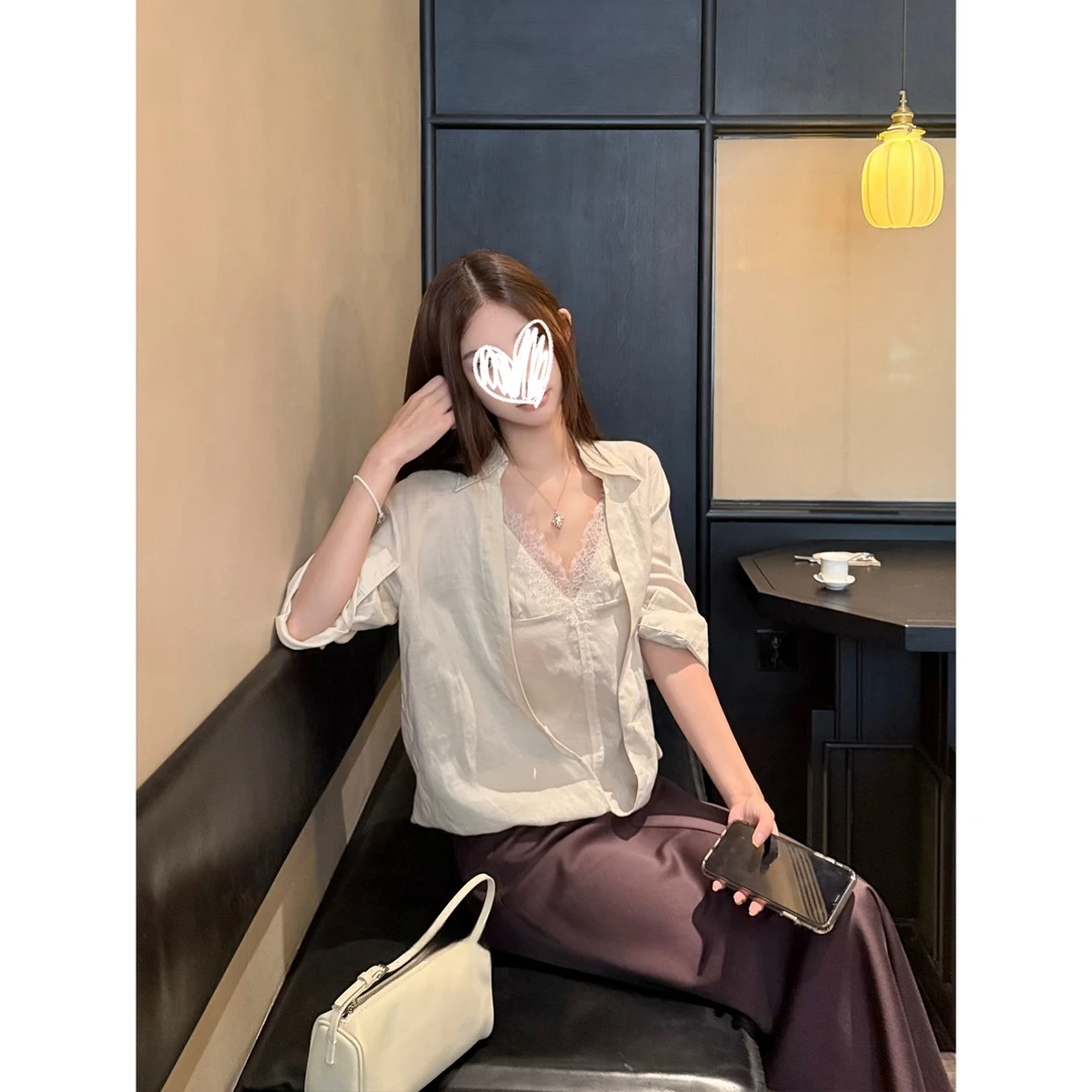 温柔自洽~早秋轻奢有格调假两件v领拼接蕾丝衬衫女Y3729