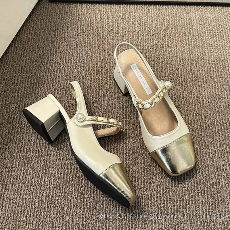 夏季包头粗跟凉鞋女2025年5cm跟高圆头玛丽珍凉单鞋百搭气质方头